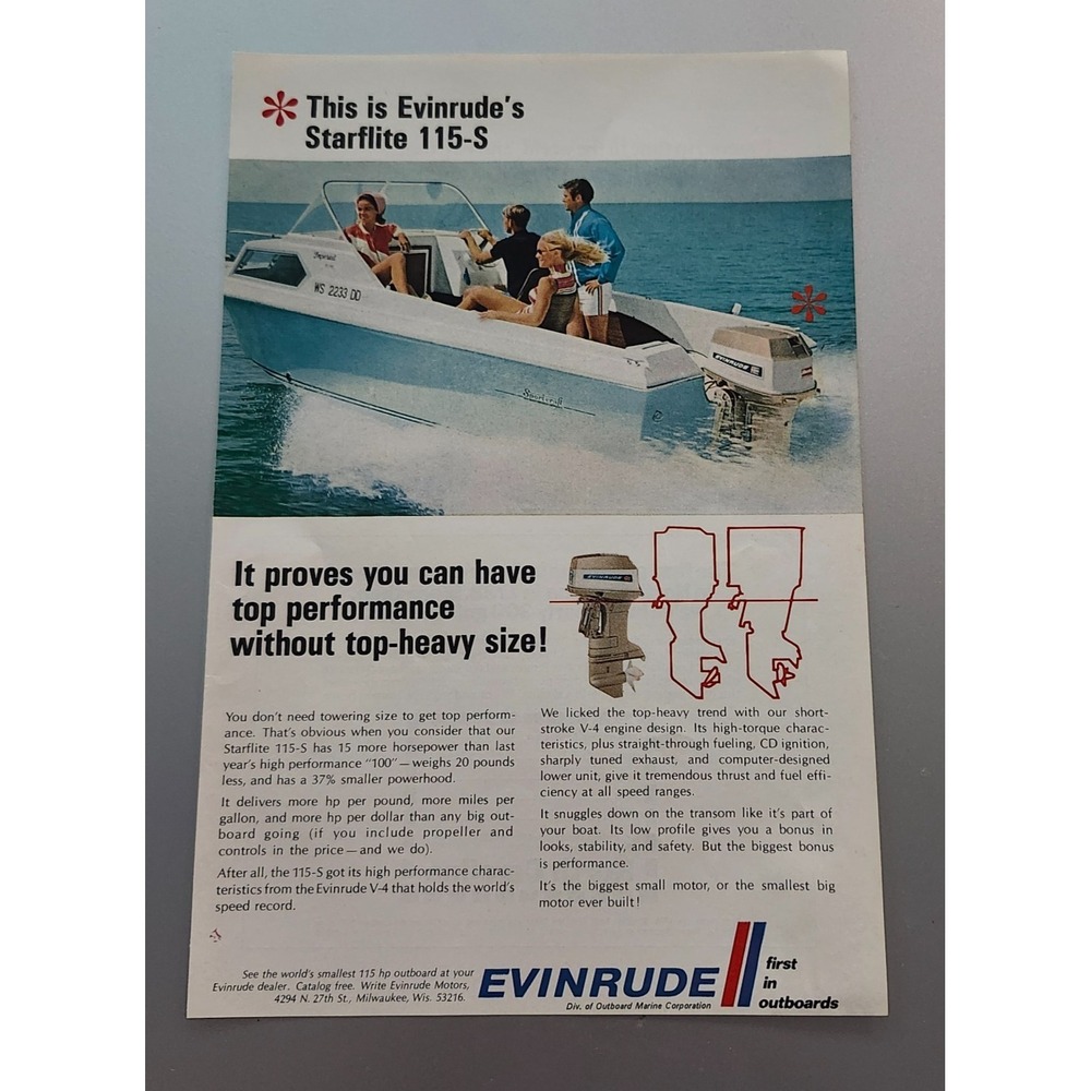 1969 EVINRUDE SPORTSMAN OUTBOARD MOTOR Starflite 115-S Original Vintage Print Ad